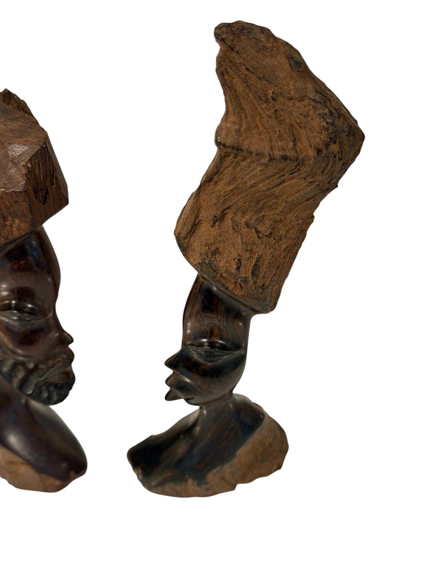 Hand-Carved Vintage African Tribal Bust Sculptures – Matching Male & Female Pair – Mid-Century Folk Art