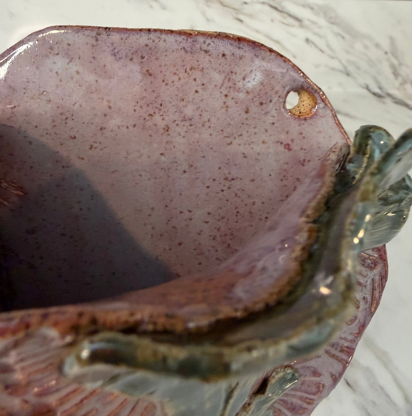 Handmade Ceramic Wall Pocket with Ginkgo Relief – Purple & Green Studio Pottery Vase