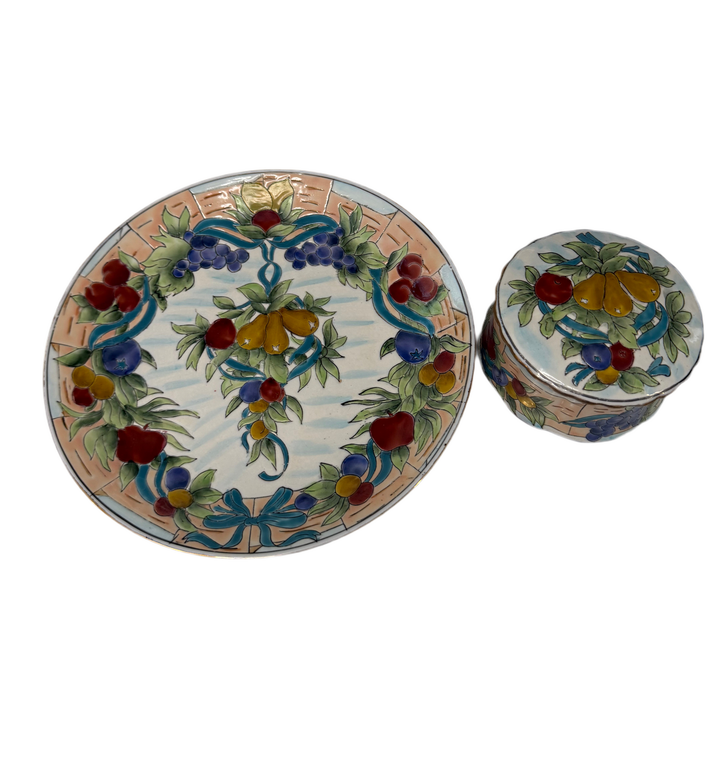 Toyo Collector Plate & Matching Trinket Box – Fruit & Ribbon Design