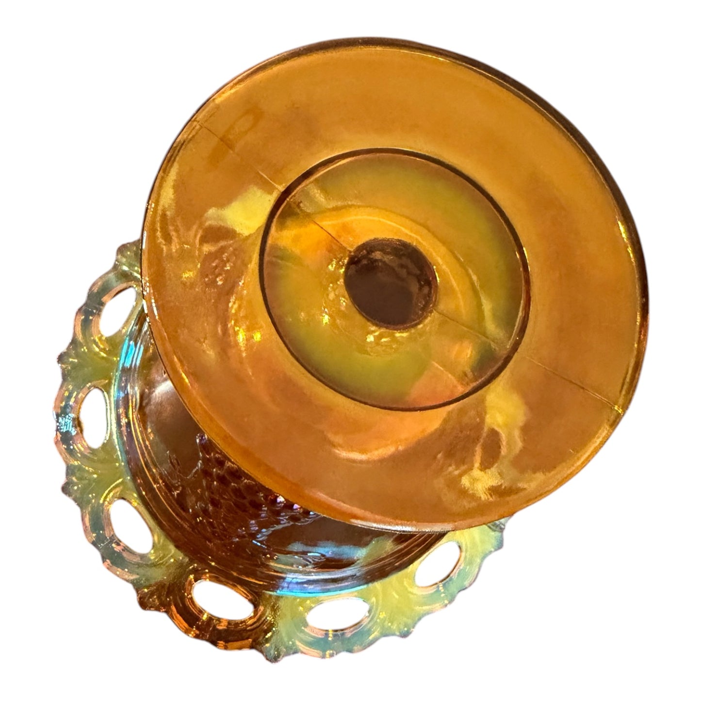 Indiana Glass Vintage Harvest Grape Carnival Glass Candy Dish with Lid – Marigold Iridescent Pedestal Bowl