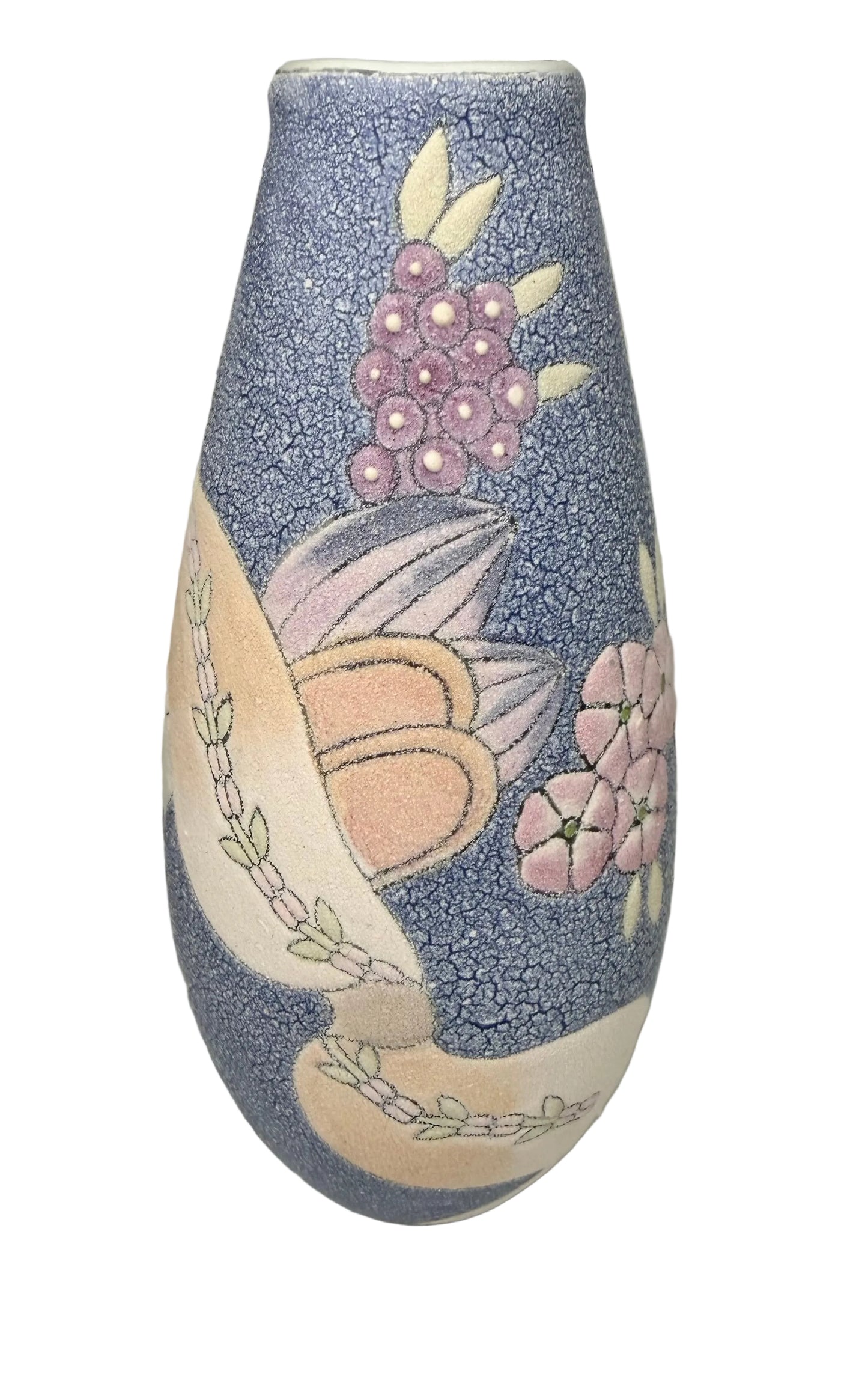 Vintage High-Relief Ceramic Vase – Hand-Painted Floral & Fruit Design