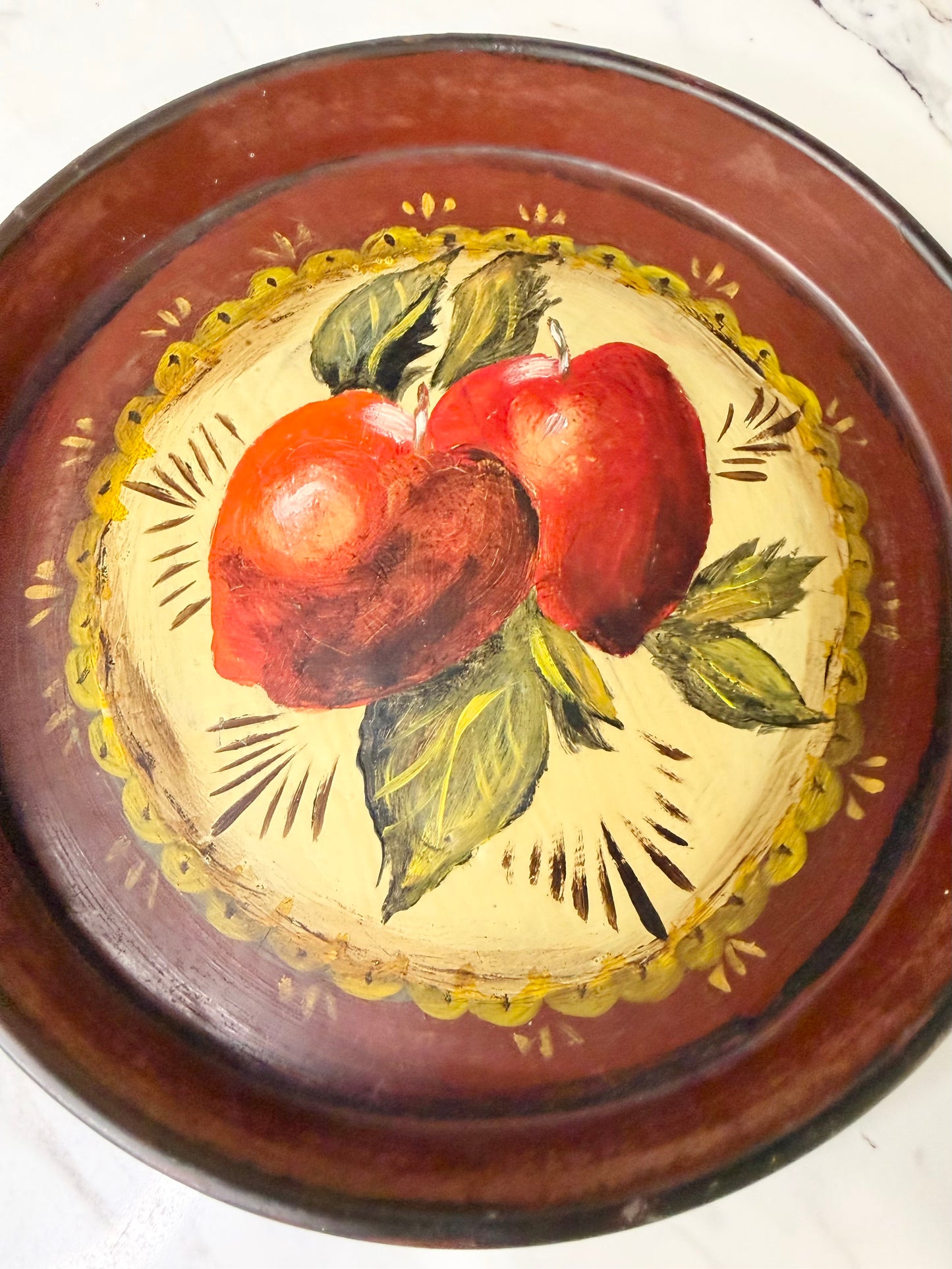 Vintage Hand-Painted Toleware Tray – Folk Art Apple Design, 1974