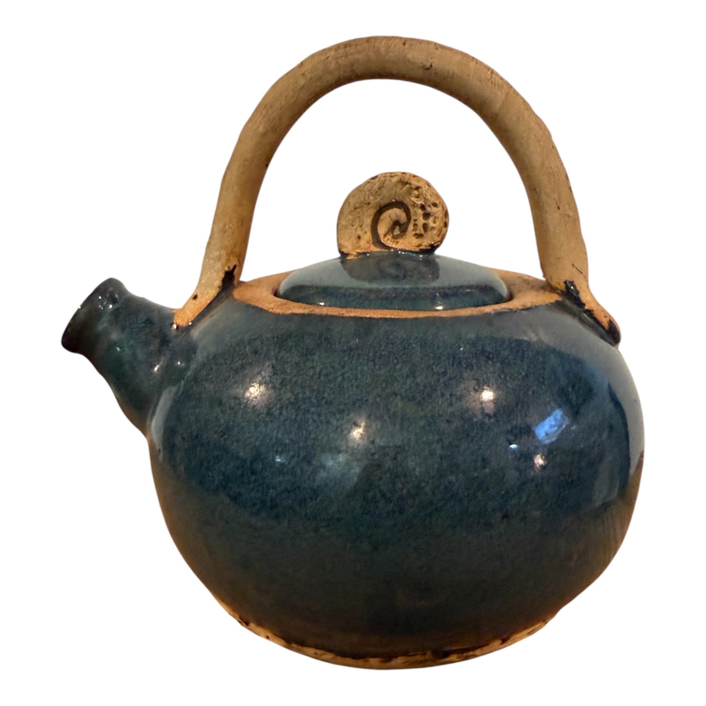 Hand-Thrown Studio Pottery Teapot – Blue/Teal Reactive Glaze with Overhead Clay Handle & Spiral Finial