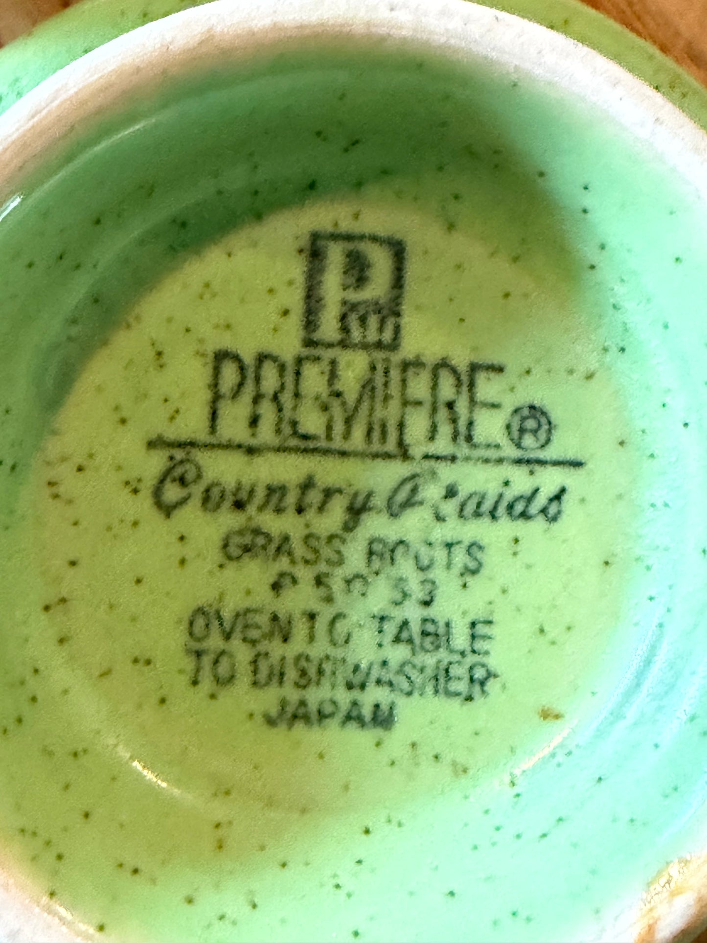 Premier Potterskraft Country Roads Green Speckled Stoneware Creamer & Footed Cup Set | Japan | Mid-Century Modern