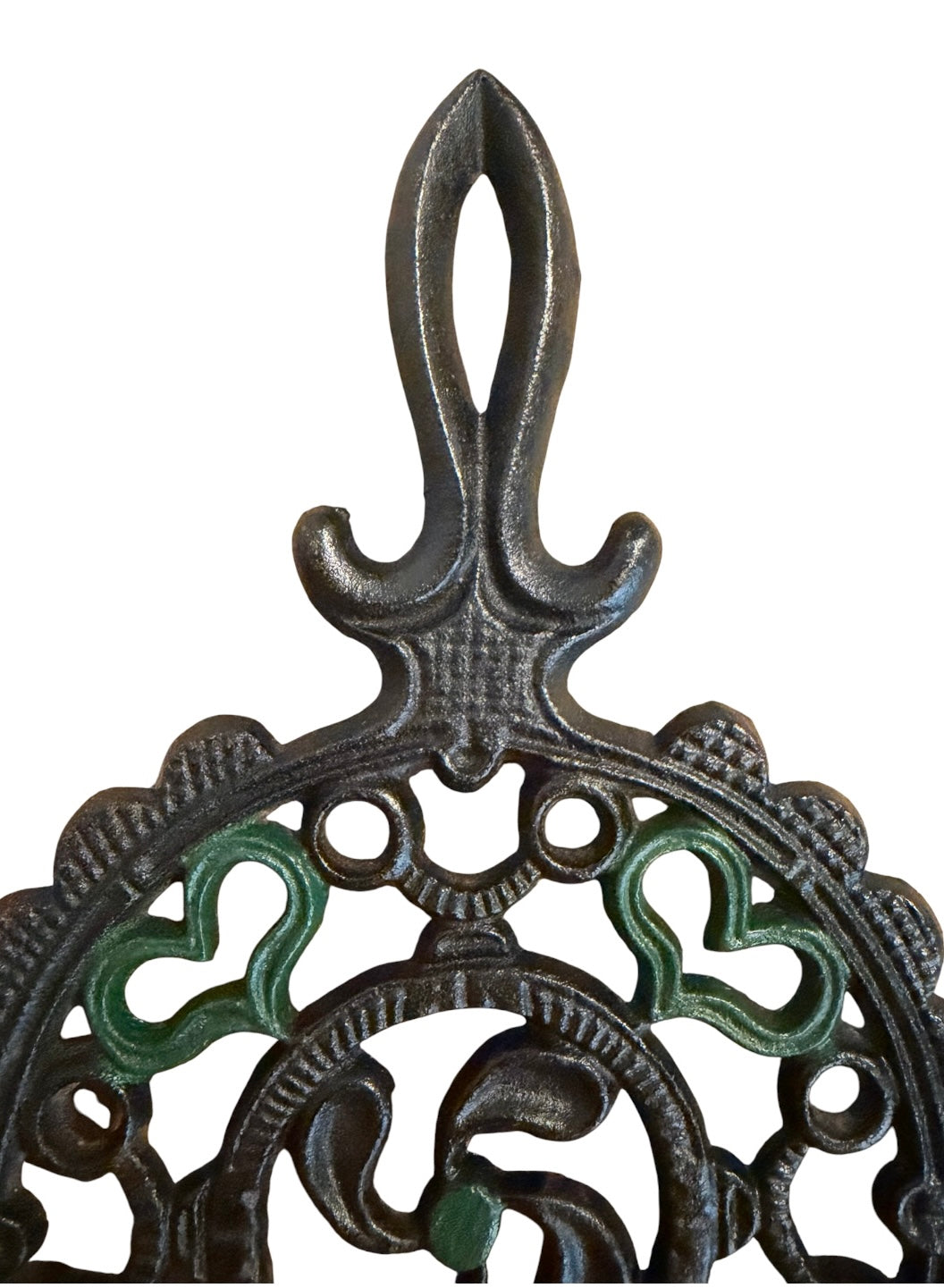 1952 J.Z.H. Cast Iron Trivet – Black with Green Hearts Folk Art