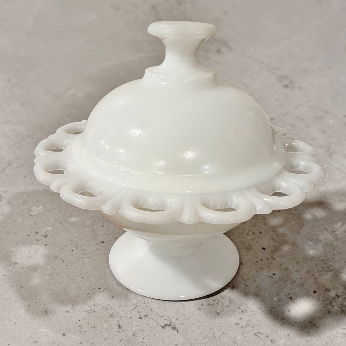 Anchor Hocking “Old Colony” Vintage Milk Glass Footed Candy Dish with Lid – Open Lace Edge Compote