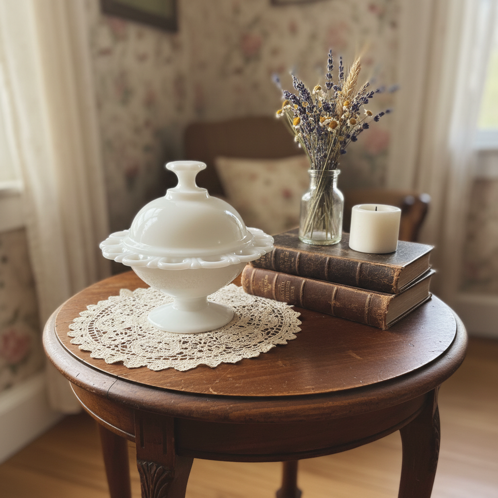 Anchor Hocking “Old Colony” Vintage Milk Glass Footed Candy Dish with Lid – Open Lace Edge Compote