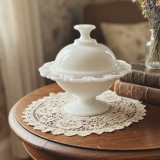 Anchor Hocking “Old Colony” Vintage Milk Glass Footed Candy Dish with Lid – Open Lace Edge Compote