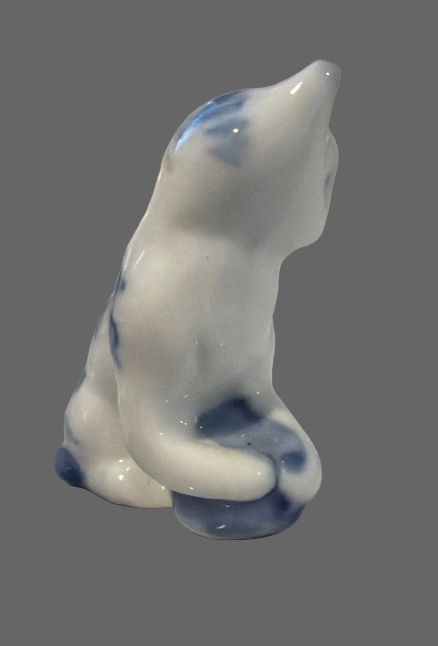 Miniature Vintage Delft Blue & White Porcelain Cat Figurine