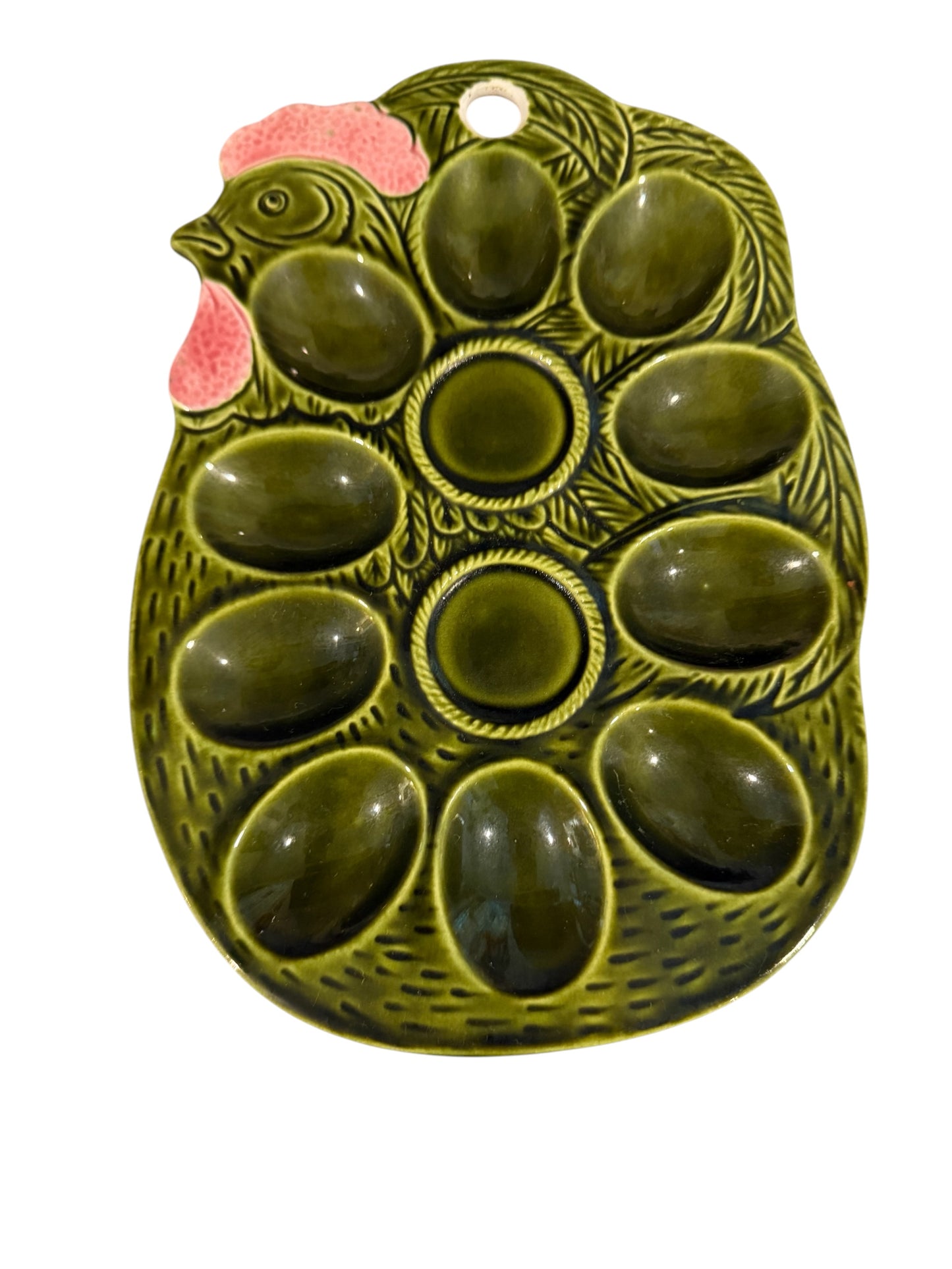 Hen Deviled Egg Plate with Salt & Pepper Shakers – Price Import Vintage Japan - Green Ceramic Farmhouse Serving Dish