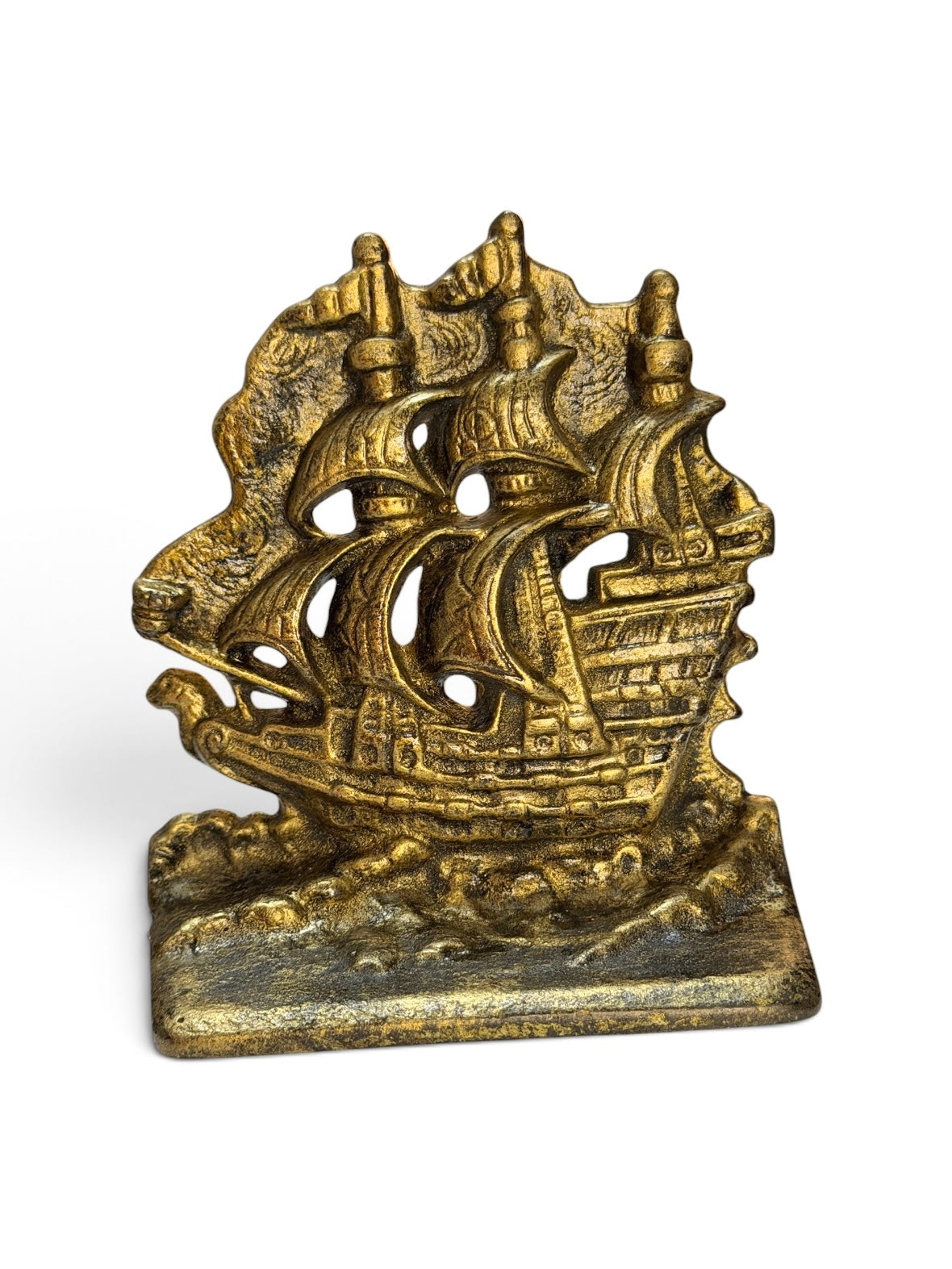 Pair - Vintage Cast Iron Sailing Ship Bookends – Brass Gold Finish – Set of 2