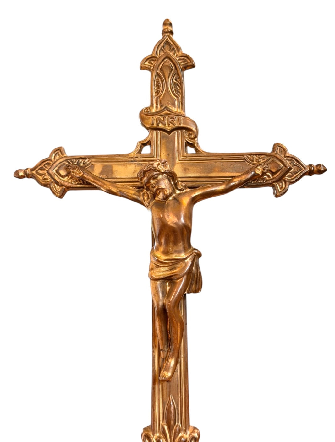 Baroque Revival Vintage Standing Altar Crucifix – Ornate Solid Brass (Non-magnetic) Tabletop Cross 9.5”