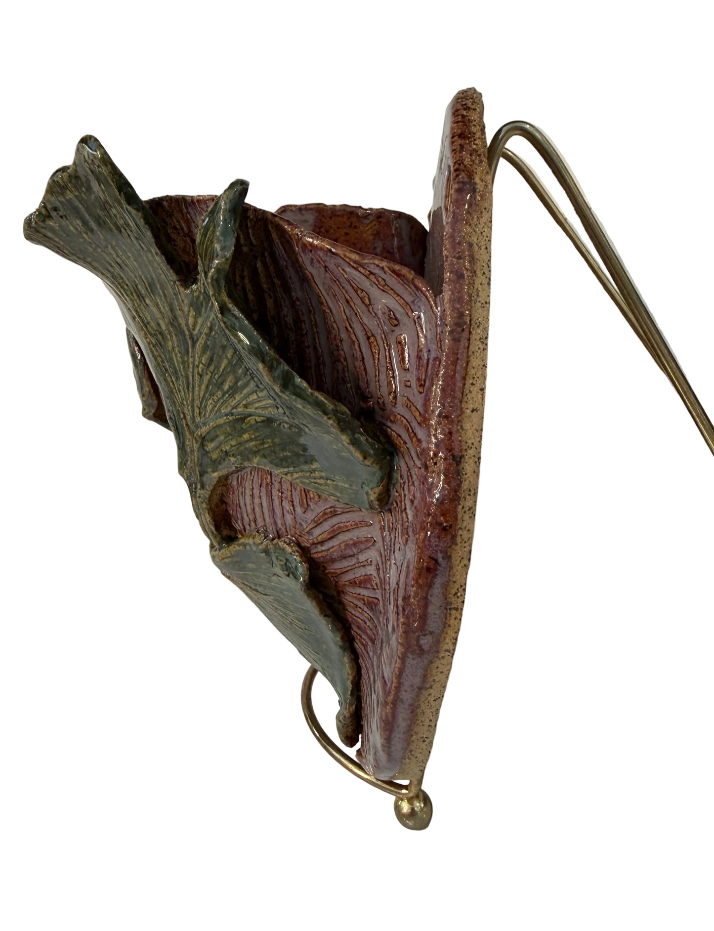 Handmade Ceramic Wall Pocket with Ginkgo Relief – Purple & Green Studio Pottery Vase