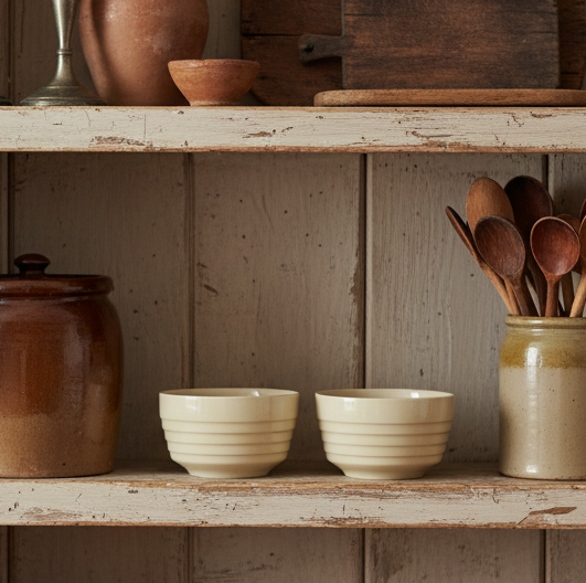 Set of 2 Vintage Ribbed Stoneware Bowls – Off-White “Beehive” Ringware (USA)