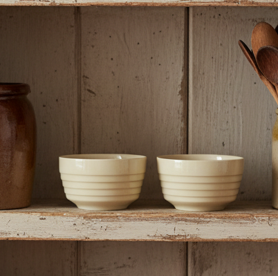 Set of 2 Vintage Ribbed Stoneware Bowls – Off-White “Beehive” Ringware (USA)