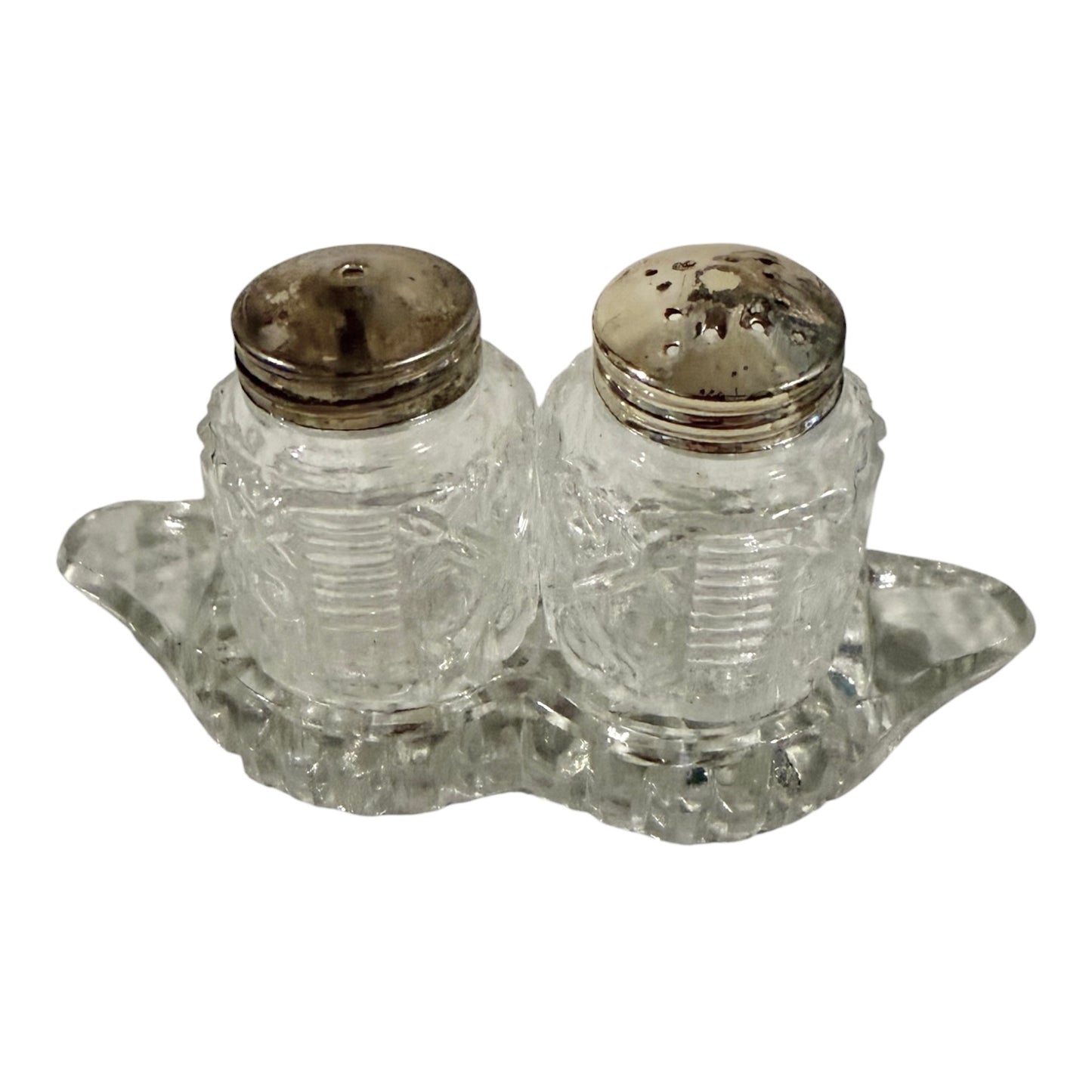 Pressed Glass Vintage Salt & Pepper Shakers with Double Glass Holder