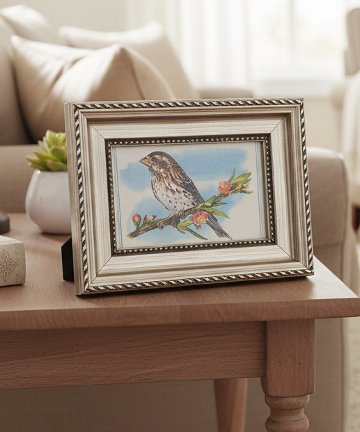 Vintage-Style Finch Illustration in Ornate Silver Frame
