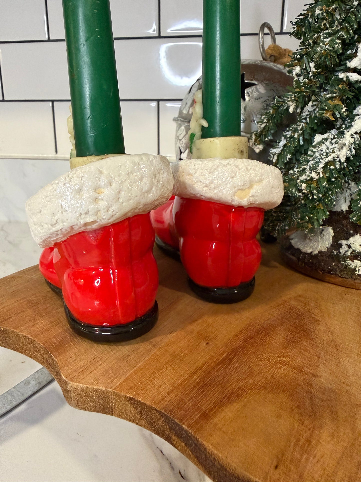 Vintage Santa Boot Candle Holders — Pair — Red with White Trim & Black Soles