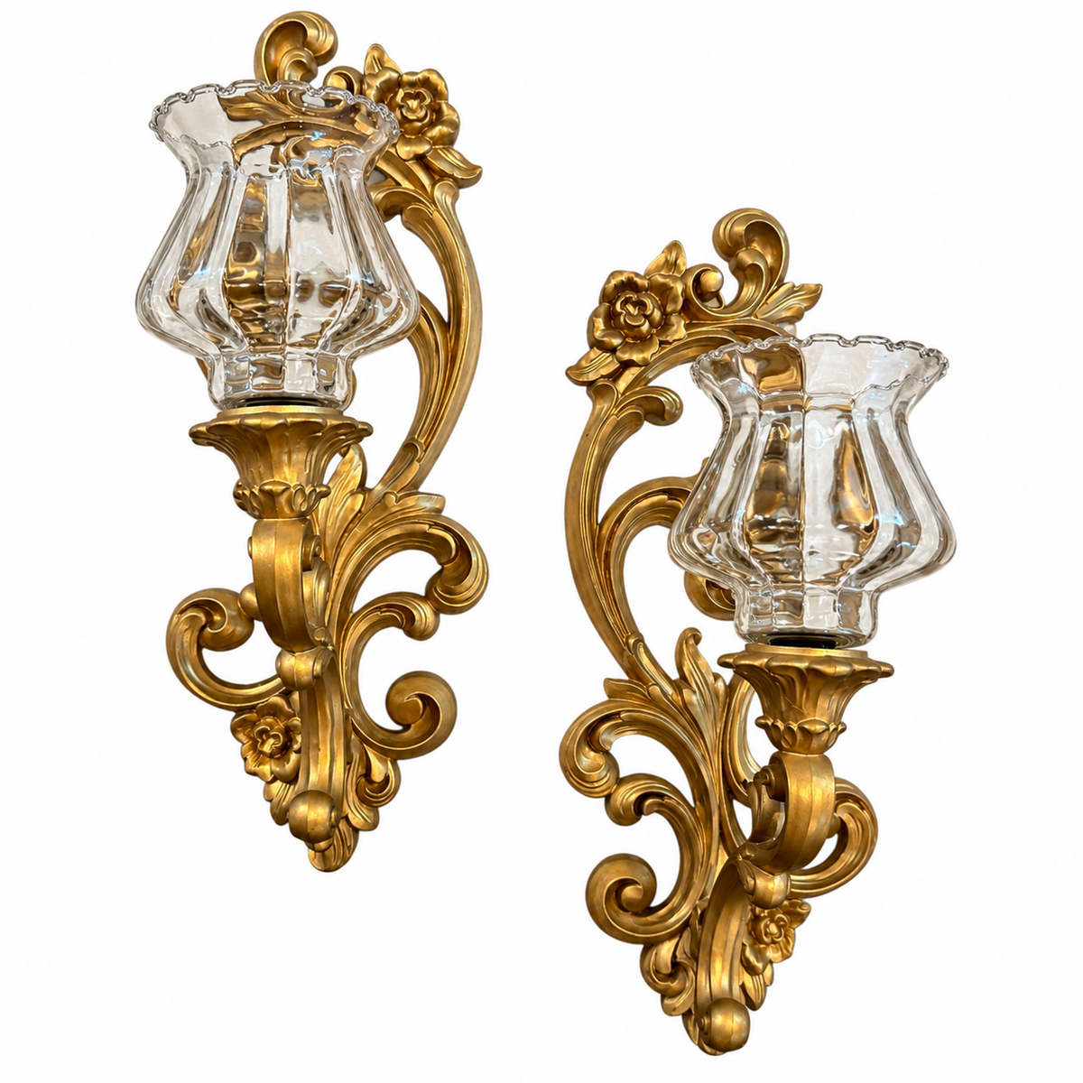 HOMCO 4118 Gold Hollywood Regency Wall Sconces – Pair with Glass Votive Cups – 16”