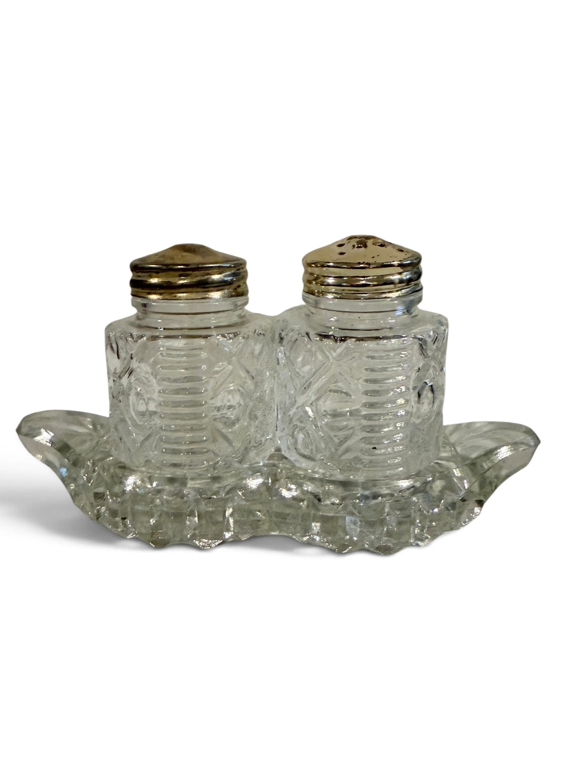 Pressed Glass Vintage Salt & Pepper Shakers with Double Glass Holder