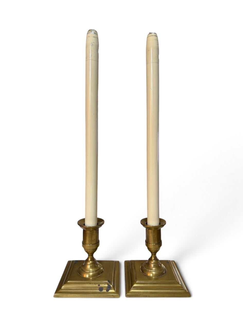 Antique Rostand Brass Candlesticks with Spring-Loaded Constant-Height Candles – Pair, c. 1910s–1930s - Rare Find