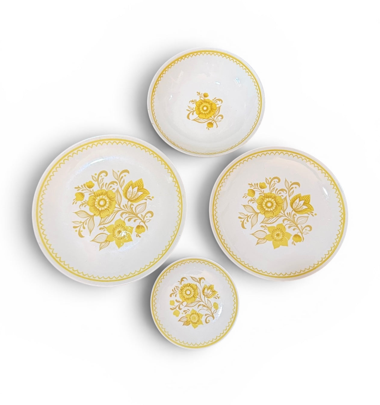 Vintage Royal China Jubilee Ironstone Serving Set – Yellow Floral Mid-Century Bowls & Plates – 4 Piece Retro USA Dinnerware Set