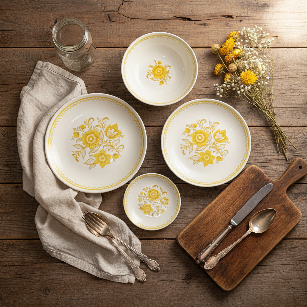 Vintage Royal China Jubilee Ironstone Serving Set – Yellow Floral Mid-Century Bowls & Plates – 4 Piece Retro USA Dinnerware Set