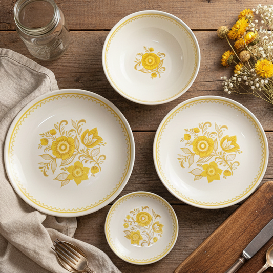 Vintage Royal China Jubilee Ironstone Serving Set – Yellow Floral Mid-Century Bowls & Plates – 4 Piece Retro USA Dinnerware Set