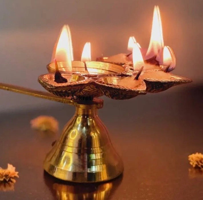Vintage Brass Panch Aarti Diya Oil Lamp with Bell & Wooden Handle | Traditional Hindu Puja Lamp
