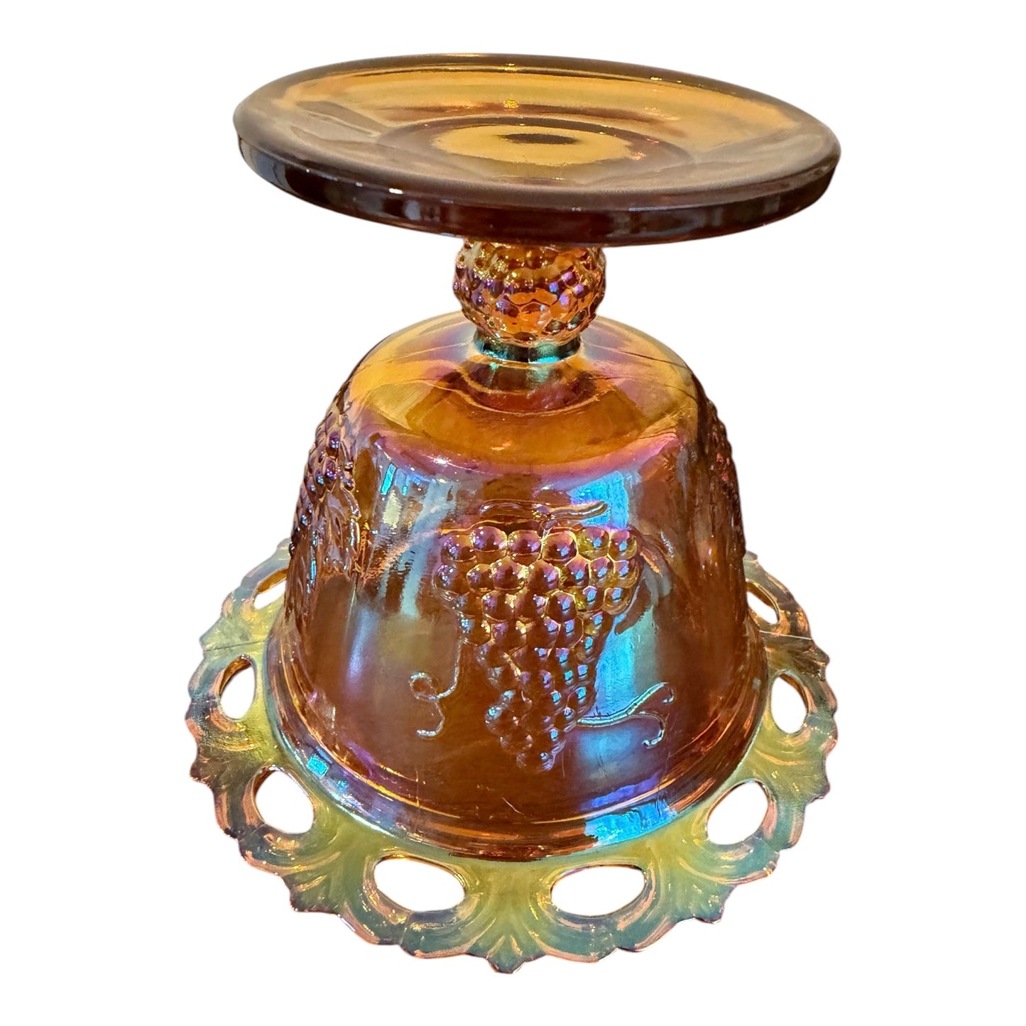 Indiana Glass Vintage Harvest Grape Carnival Glass Candy Dish with Lid – Marigold Iridescent Pedestal Bowl