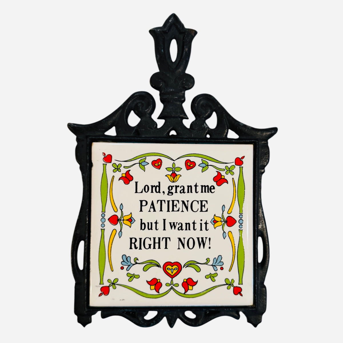 Cast Iron & Ceramic Tile Trivet – Folk Art “Patience” Quote Wall Decor
