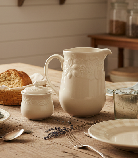 Gibson Housewares Vintage - White Embossed Fruit Pitcher & Sugar Bowl with Lid | Fruit de Blanc