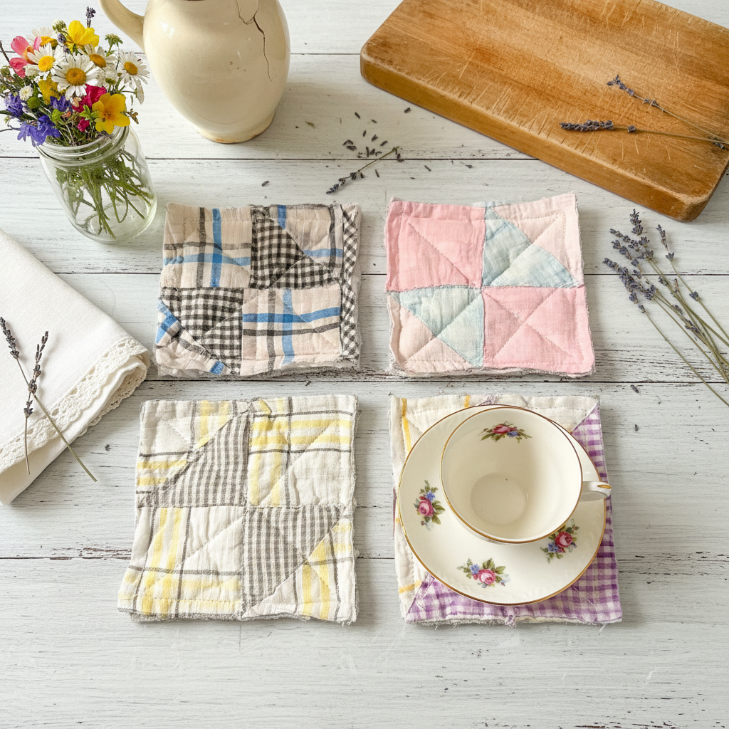 Handmade Quilt Coaster Set | Upcycled Vintage Quilt Coasters | Set of 4