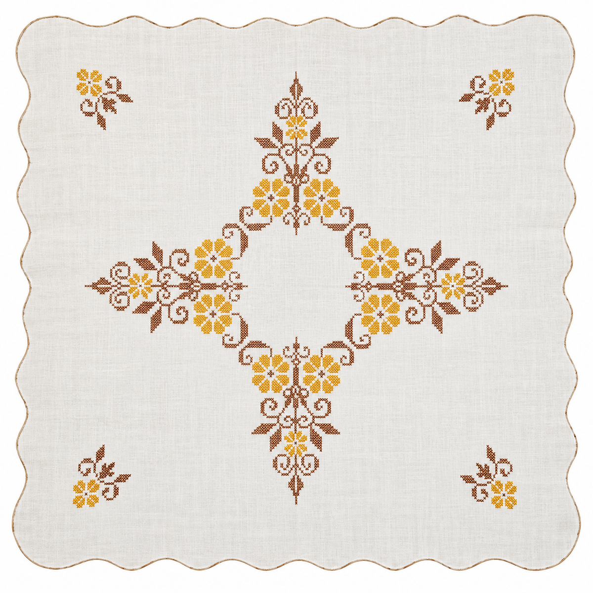 Square Linen Table Topper – Yellow & Brown Cross-Stitch Floral Design – 40”
