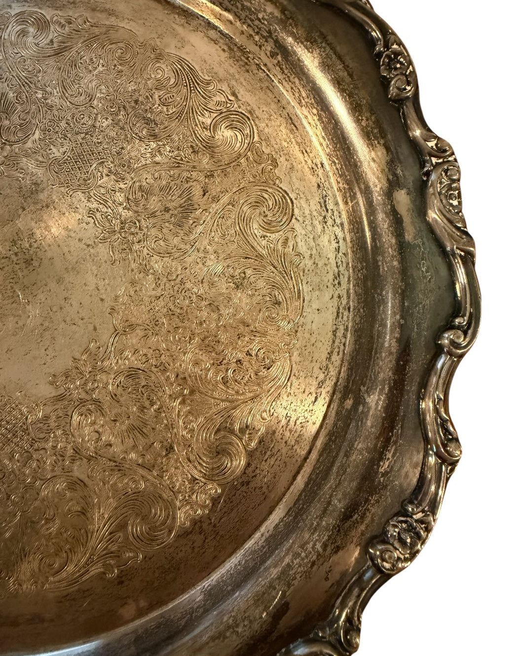Wm Rogers Silverplate Vintage Heavy Serving Tray – 13” Round Etched Floral Scalloped Platter