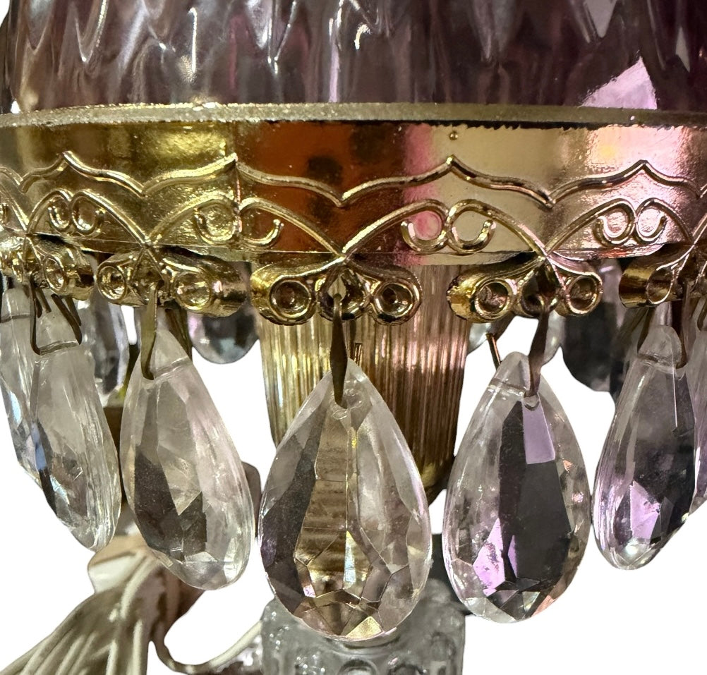 Michelotti Boudoir Vintage Lamp | Cranberry Pink Glass, Crystal Prisms, Mid-Century Holland Accent Lamp