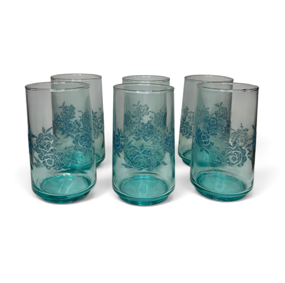 Set of 6 Vintage Aqua Blue Glass Tumblers with Raised Blue Rose Garland