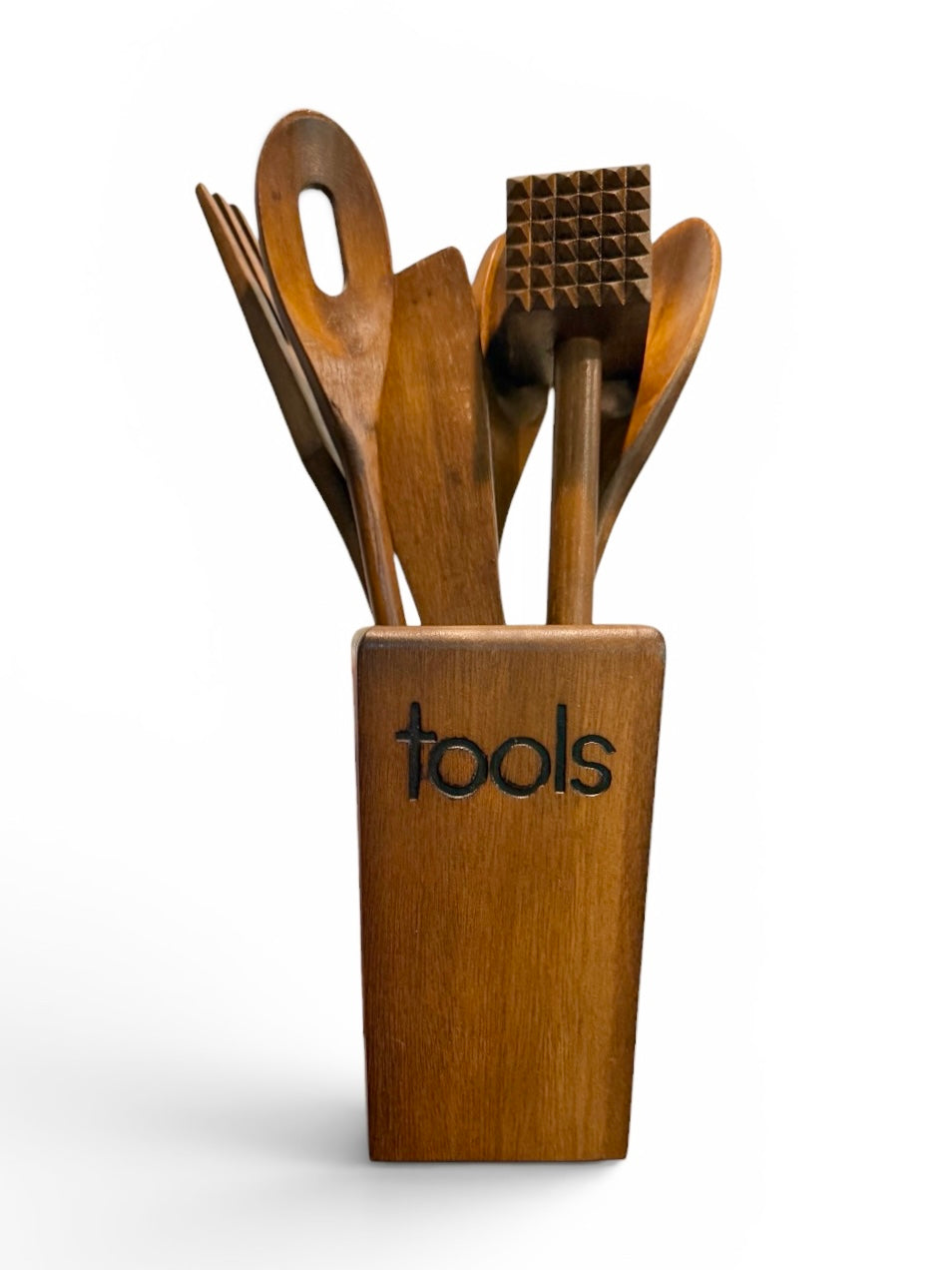 Mid-Century Vintage Wooden Kitchen Tool Set with Holder