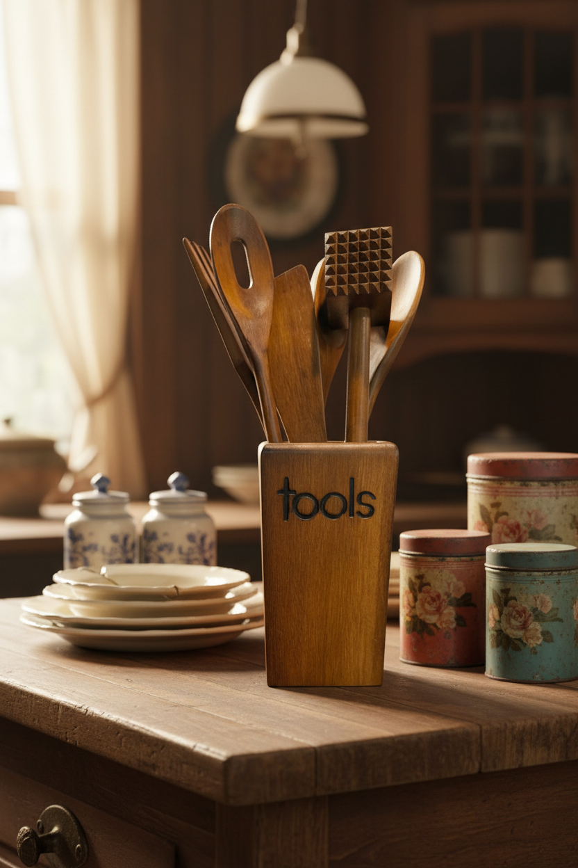 Mid-Century Vintage Wooden Kitchen Tool Set with Holder