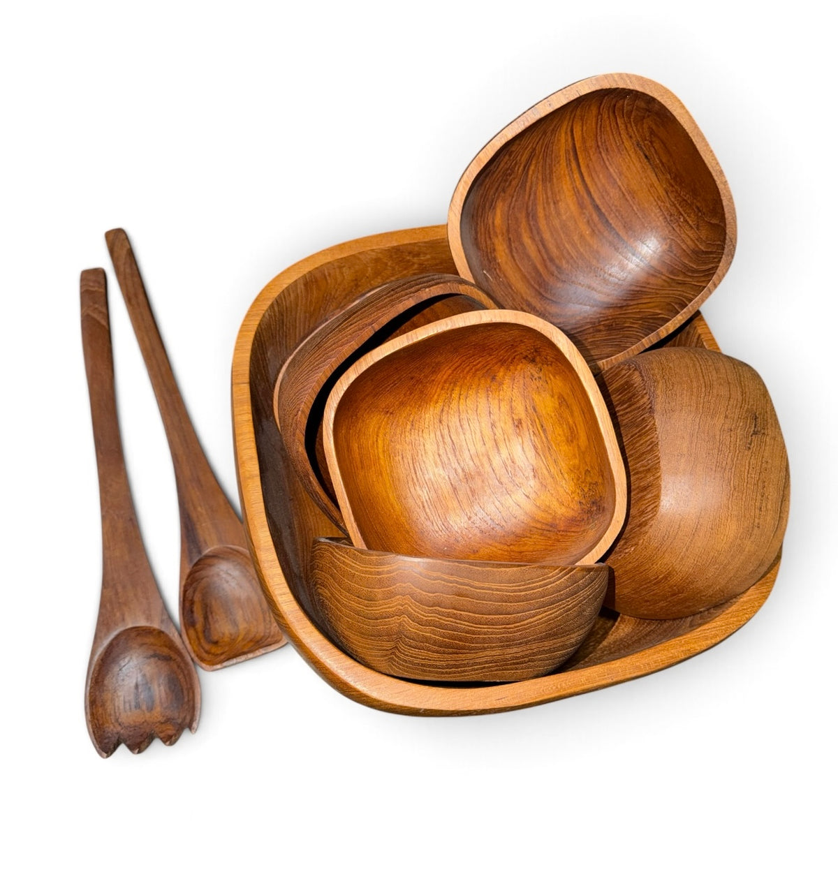 Mid-Century Vintage Goodwood Genuine Teak Salad Bowl Set - 9 Piece Handcrafted Set (Thailand)