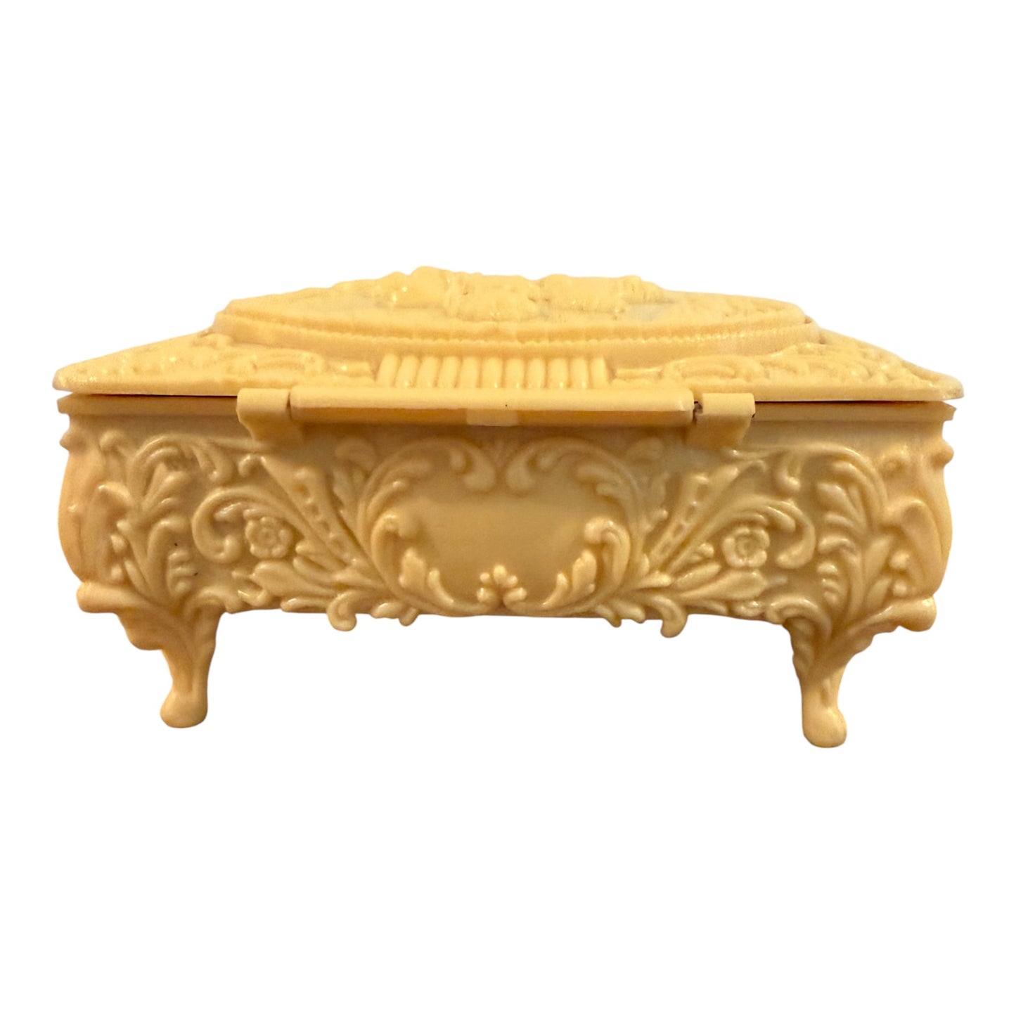 Vintage French Ivory Celluloid Jewelry Trinket Box | Footed Vanity Box with Romantic Courting Couple Lid | Rococo Style Keepsake Storage