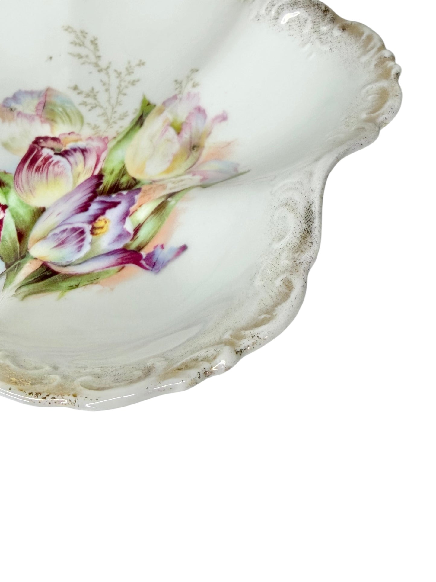 Antique German Porcelain Clover Bowl – Hand-Painted Floral | Late Victorian / Edwardian Era