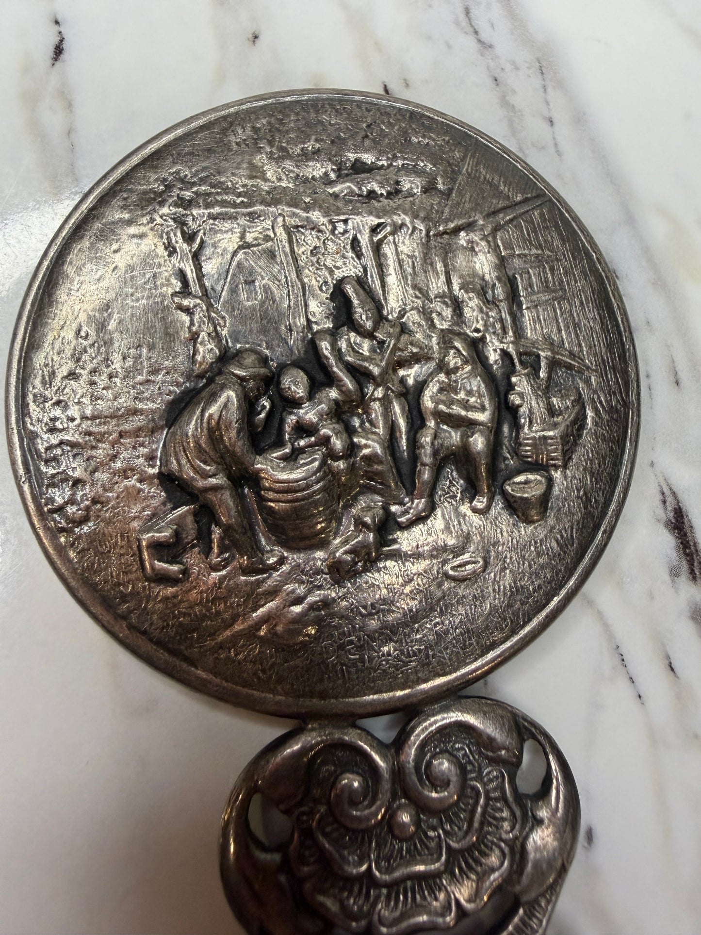 Vintage Hans Jensen Silver-Plated Purse Mirror – Repoussé Village Scene – Denmark