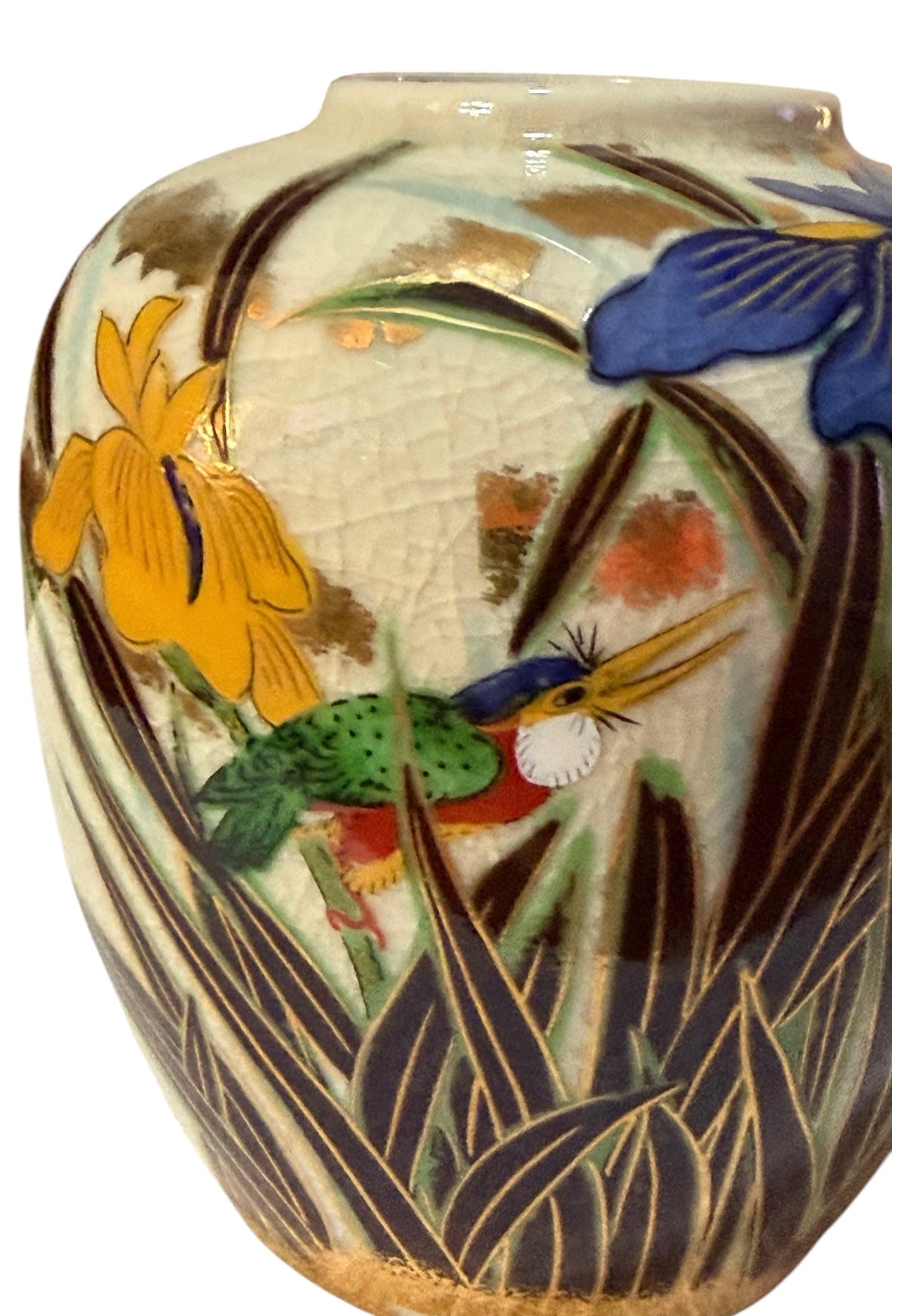 Toyo Japanese Vintage Porcelain Kingfisher & Iris Vase – Crackle Glaze with Gold Accents - 4.5”