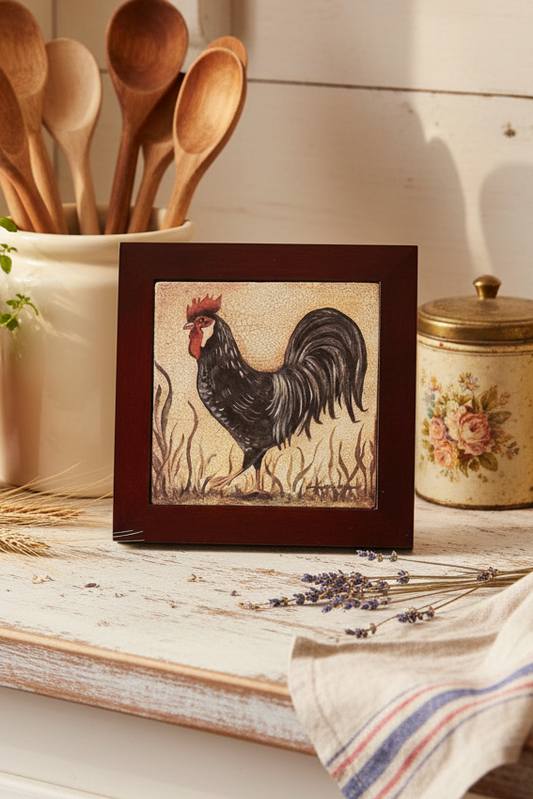Vintage Kimberly Poloson “Rise-N-Shine” Framed Rooster Ceramic Art Tile Trivet– 8” x 8”