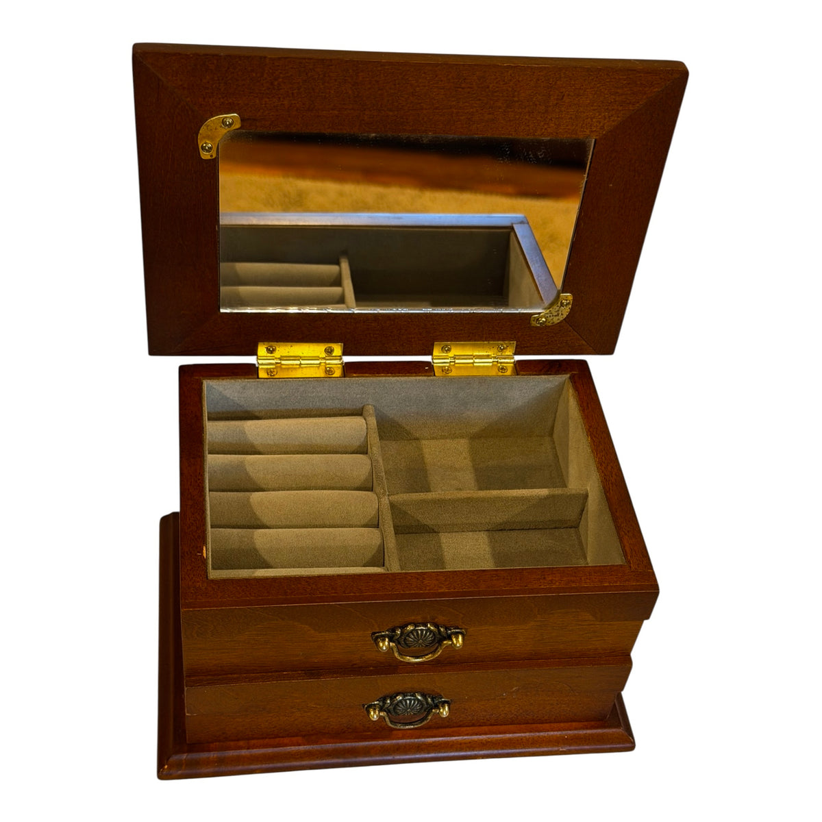 Wooden Vintage Jewelry Box with Mirror & Floral Tapestry Top