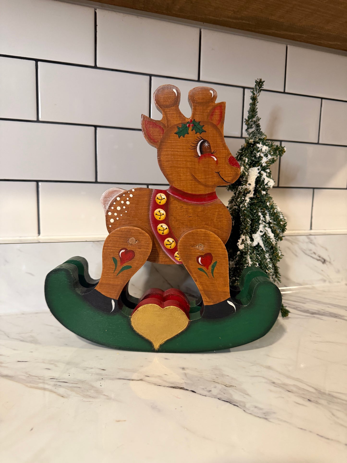 Vintage Hand-Painted Wooden Rudolph Reindeer – 1990 Heart Design, 10”x11”
