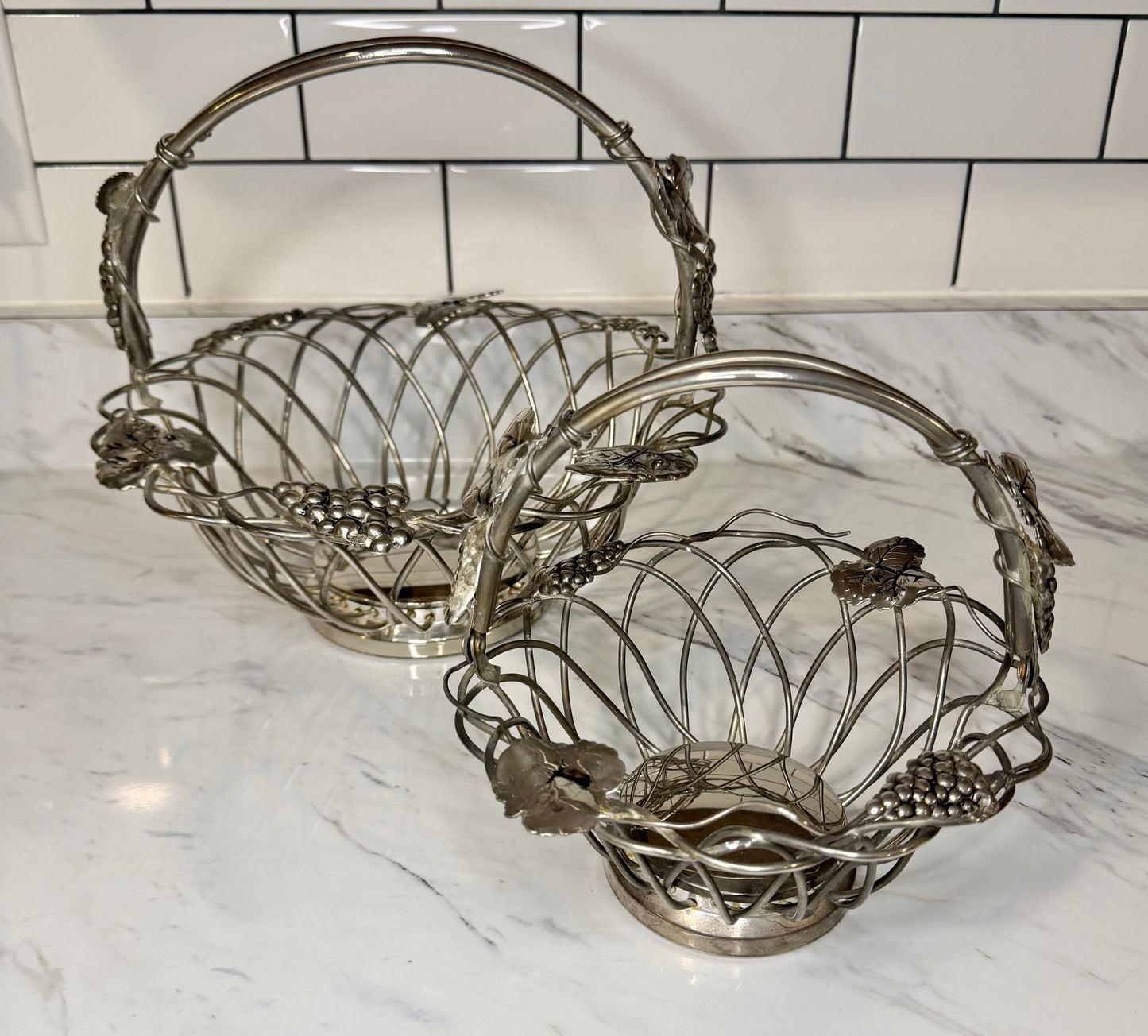 Set of 2 - Vintage Godinger Silver-Plated Grapevine Wire Baskets