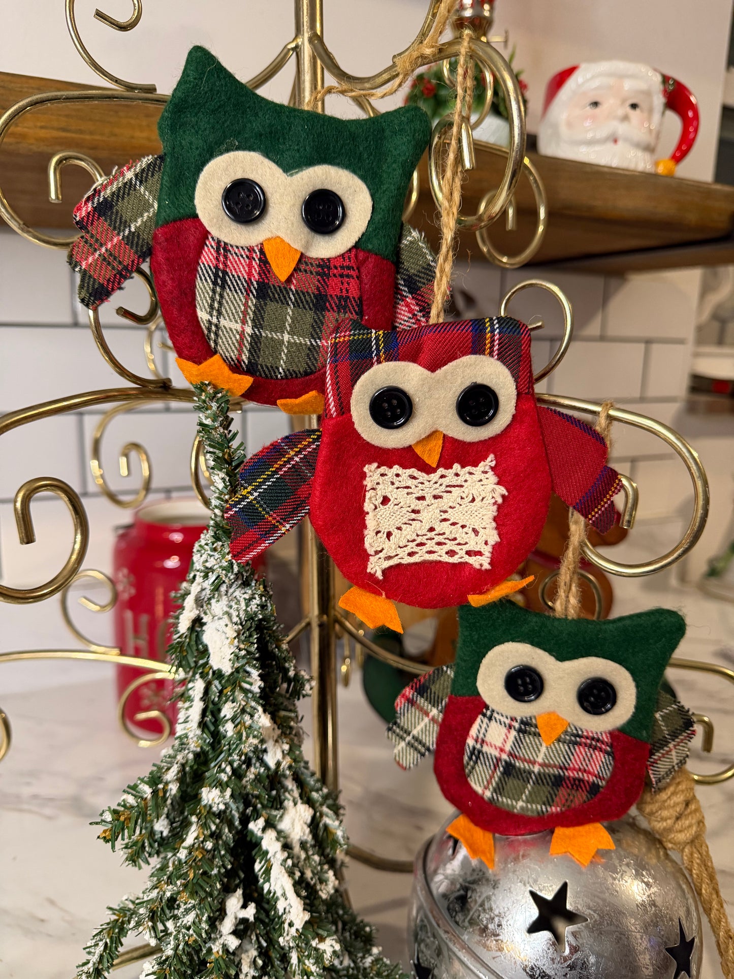 Vintage Handmade Fabric Owl Ornament Set