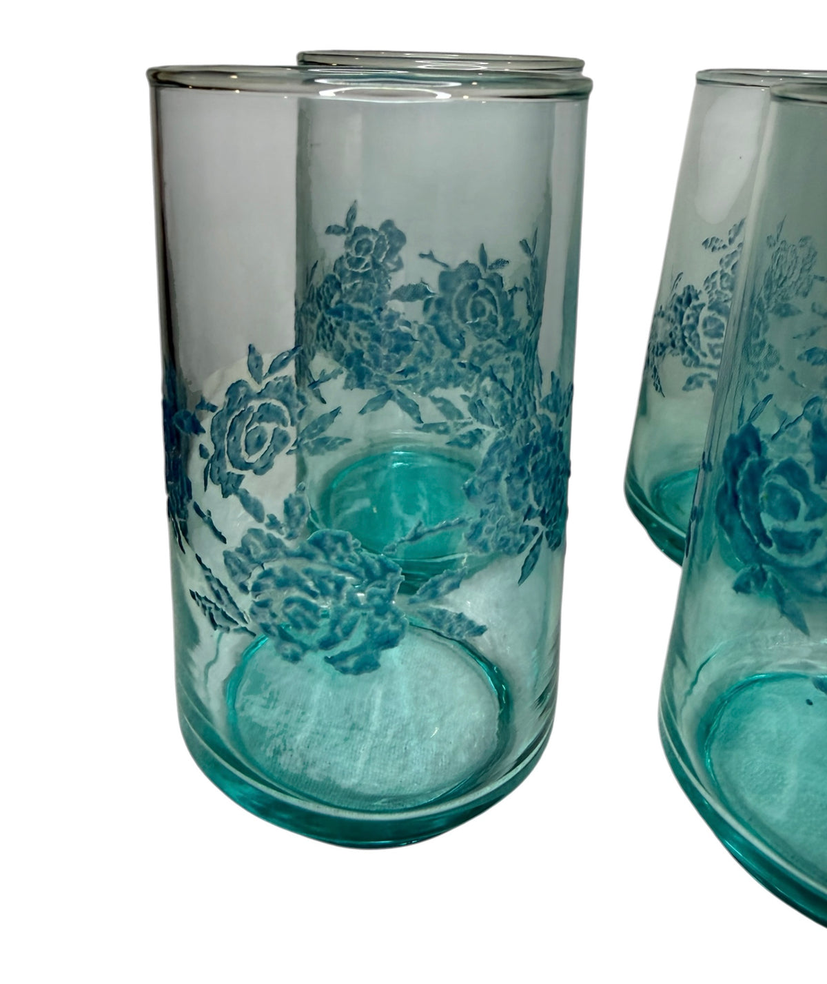 Set of 6 Vintage Aqua Blue Glass Tumblers with Raised Blue Rose Garland